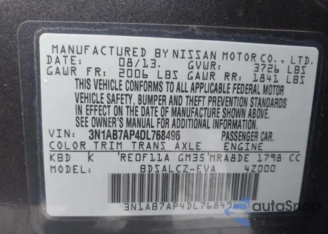 2013 Nissan Sentra S z USA, uszkodzony, nr VIN 3N1AB7AP4DL768496